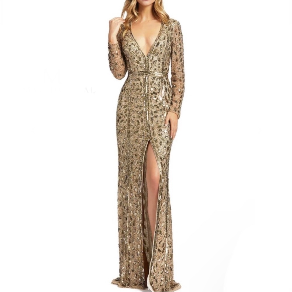 Mac Duggal Gold Long Sleeve Dress ALTERED FOR A PETITE FIT. Perfect for a 5ft 3